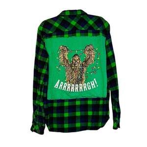 Upcycled Star Wars Chewbacca Green Purple Flannel L Gorpcore Scifi Streetwear
